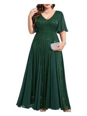 Plus Size Lace Chiffon Maxi Dress V-Neck A-Line Formal Wedding Guest